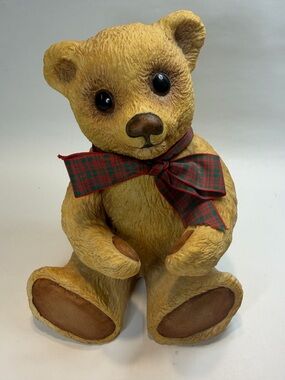 BOEHM Teddy Bear Beamer #40456 1994 Porcelain Figurine Plaid Bow Made USA Read!